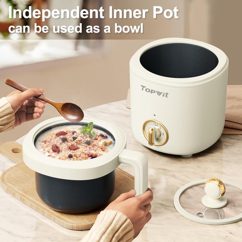 TopWit Hot Pot Electric Pot for Cooking, Ramen Cooker 1.2L, Non-Stick Portable Noodles Cooker for Pasta, Soup, Steak, Oatmeal, College Dorm Room Essentials, Shabu Shabu Pot with Power Adjustment,Beige - Image 2